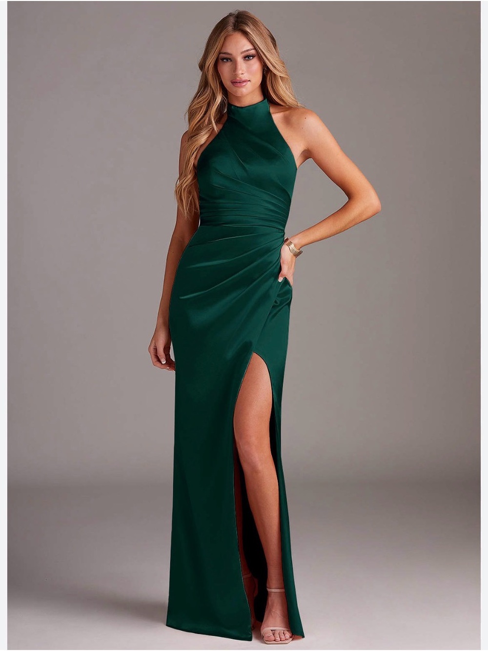 Azazie Women’s “Jenna” Emerald Sheath Pleated High-Neck Ruched Satin Dress
